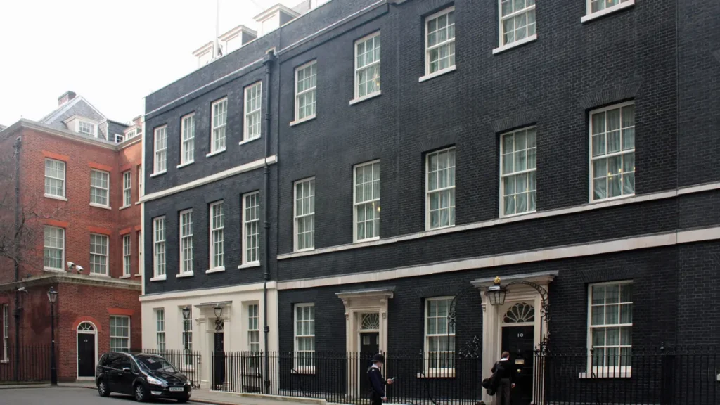 The front of 10 Downing Street in London, the office and residence of the UK prime minister
