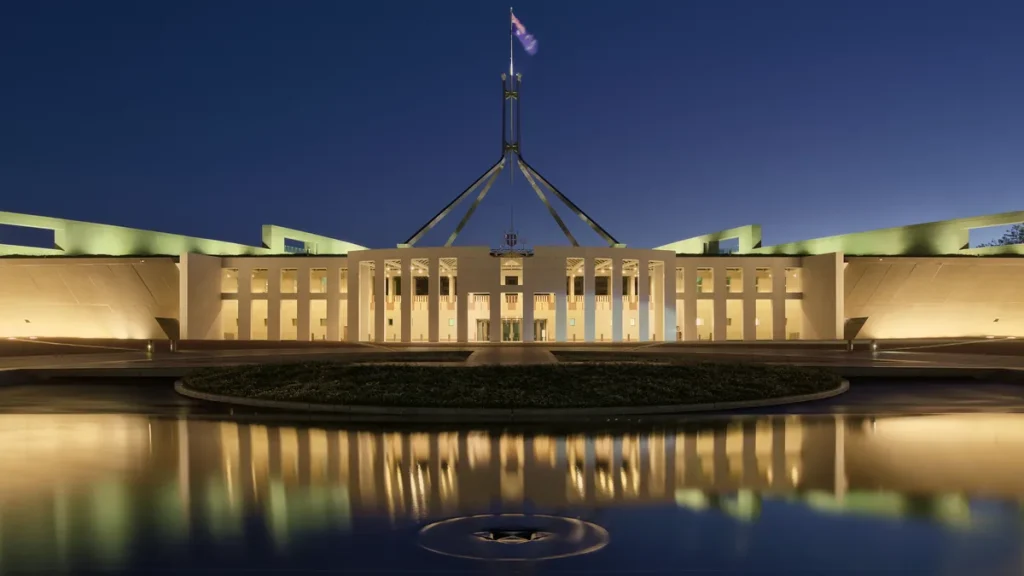 Parliament House in Canberra, photographed at dusk.