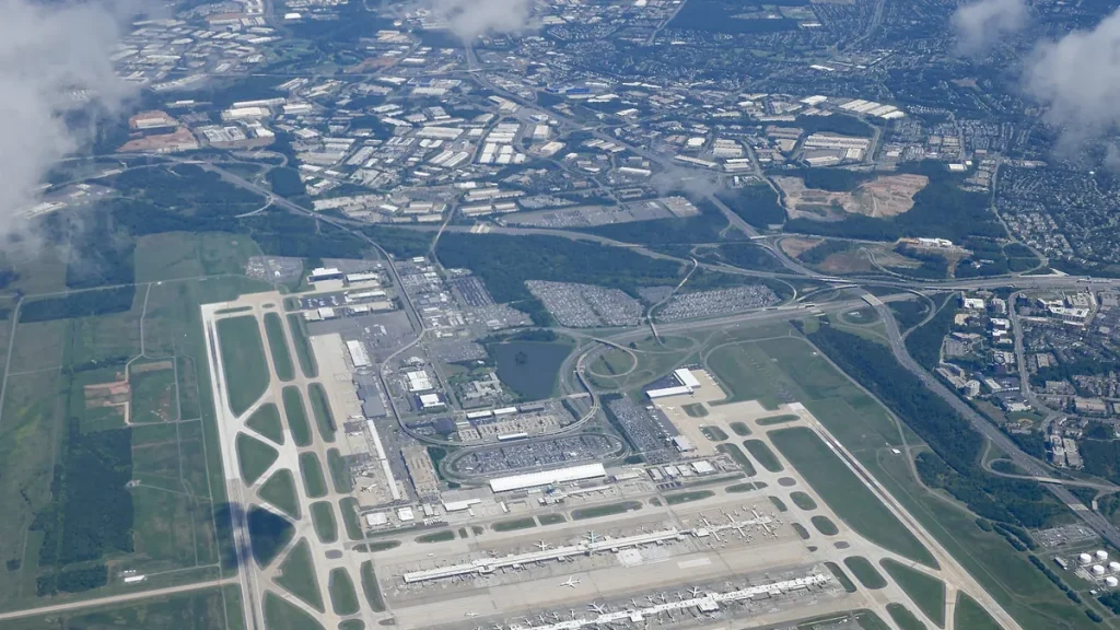 An aerial view of Washington Dulles International Airport in Virginia.