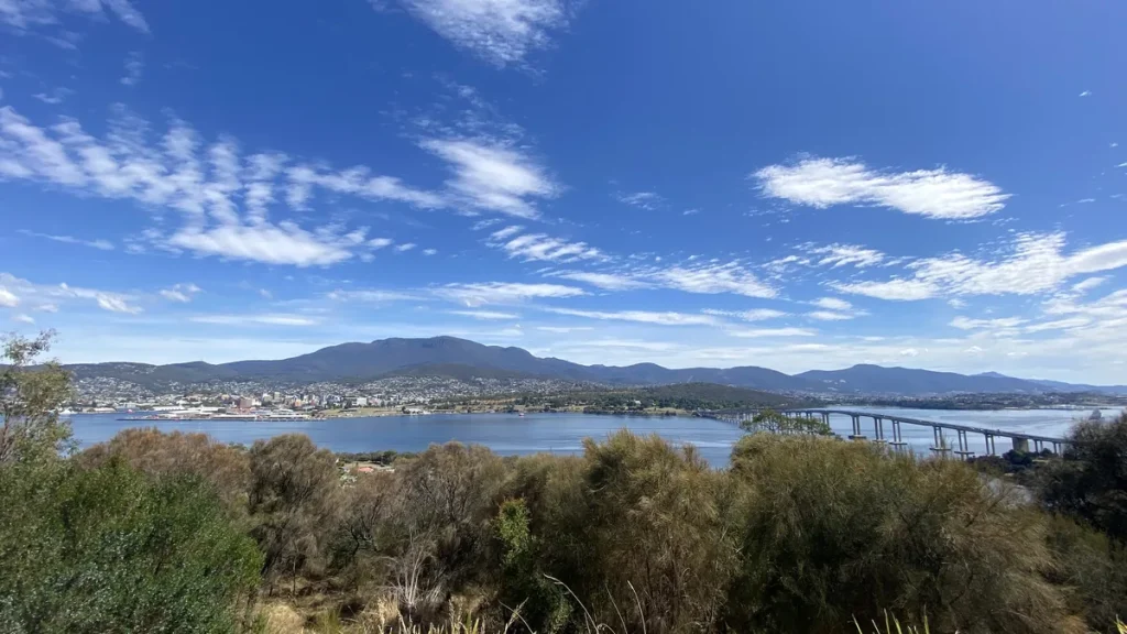 Hobart, the Derwent River and kunanyi / Mount Wellington seen from the Rosny Hill lookout in Tasmania.
