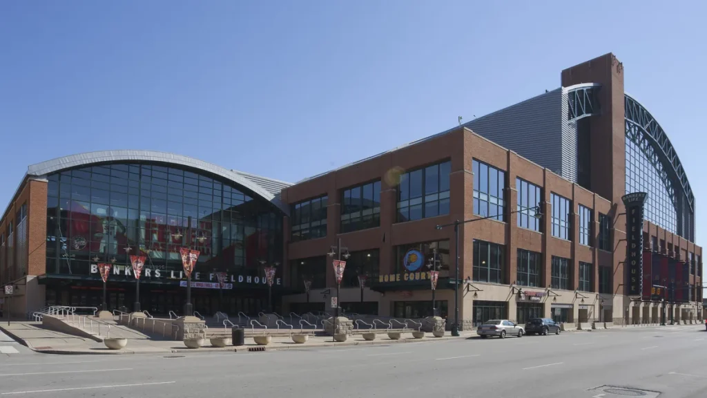 The exterior of Gainbridge Fieldhouse in Indianapolis, the home arena of the Indiana Pacers, photographed in October 2012 when it was named Bankers Life Fieldhouse.
