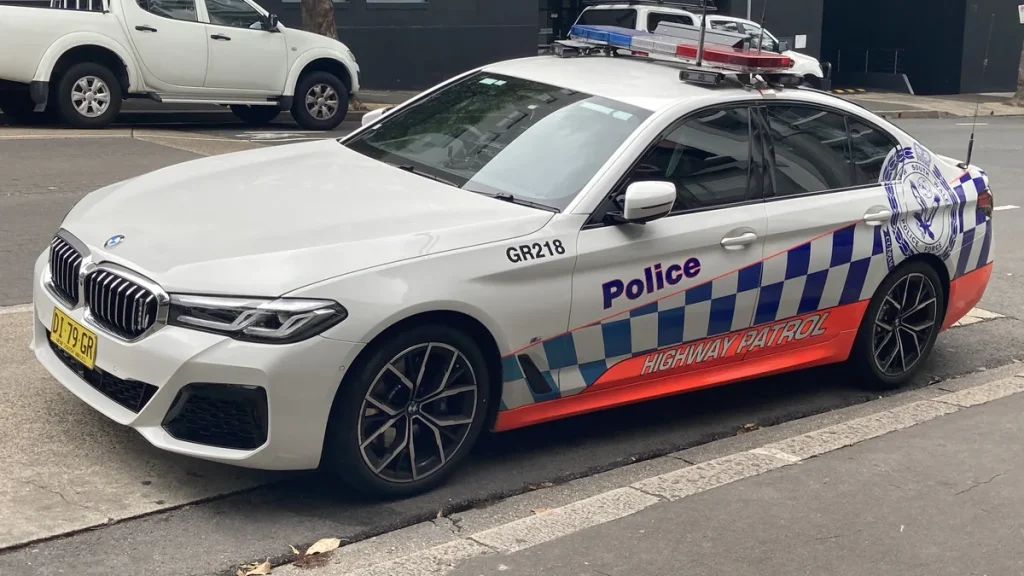 A New South Wales Police Highway Patrol car with a pursuit lightbar