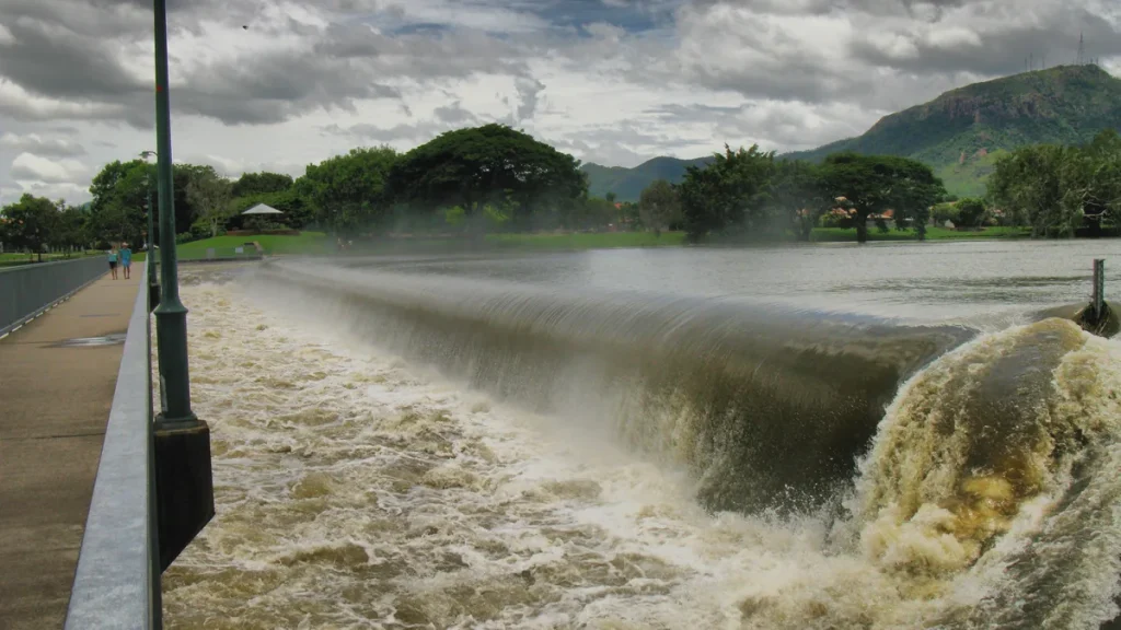 Floodwater covering land on the Ross River at Townsville, Queensland