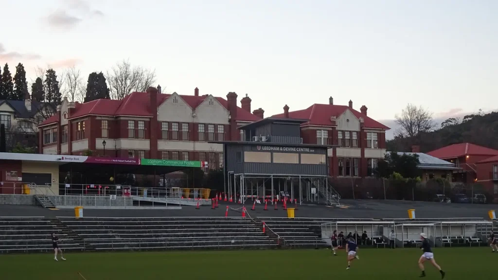 North Hobart Oval, an Australian rules football ground in Tasmania, at dusk
