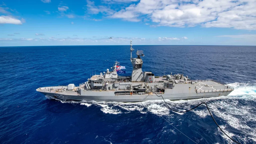 The Royal Australian Navy frigate HMAS Ballarat underway in the Coral Sea