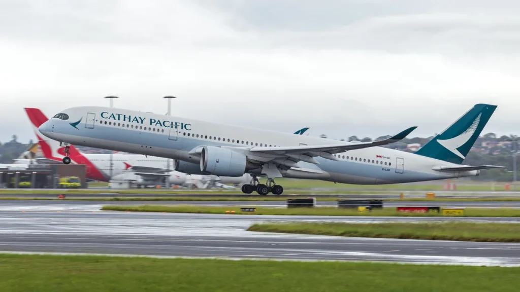 A Cathay Pacific Airbus A350-941 departing Sydney Airport
