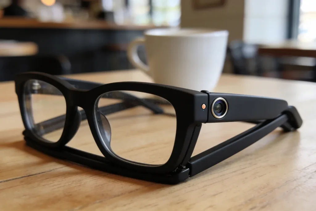 Illustration of a pair of plain matte black glasses with a small round camera lens and a tiny indicator light beside the hinge, resting on a pale timber cafe table with a white cup blurred behind.