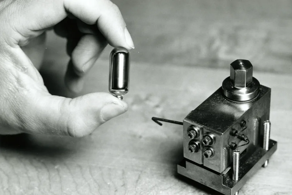 Black and white photograph of a hand holding a small glass caesium capsule beside a machined metal block from an early atomic clock.