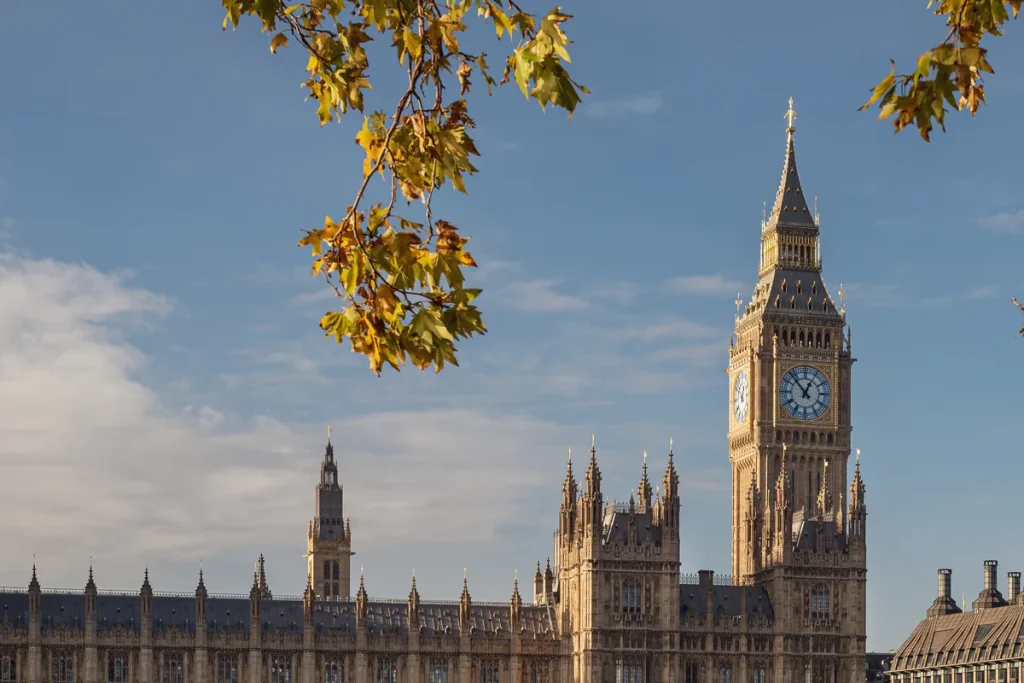 The Palace of Westminster and the Elizabeth Tower clock in warm sunlight under a blue sky, framed by autumn plane-tree leaves, with the chimneys of Portcullis House at right.